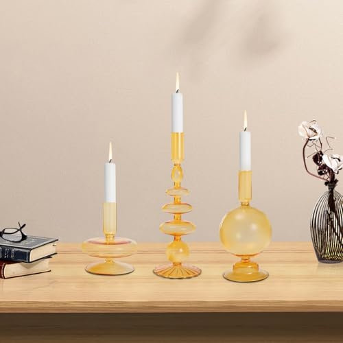 Kerzenhalter aus Glas 3er Stabkerzenhalter Glas Bunt Kerzenhalter Elegante Glasvasen für Zuhause Party Tafelaufsatz(Amber Farbe)