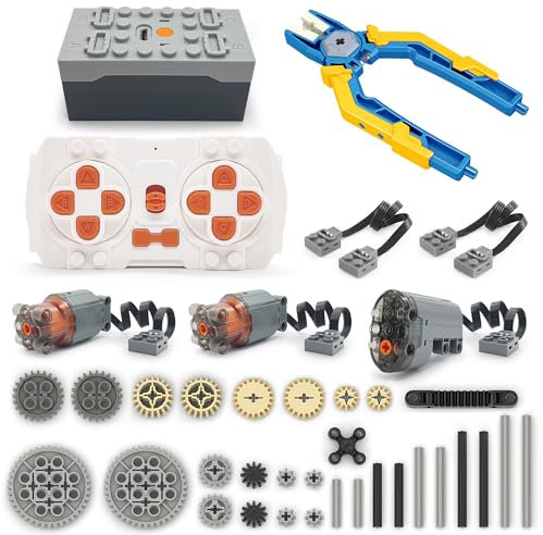 Qter Power Functions Kit de 3 moteurs L/servomoteur, télécommande, boîte à piles, pièces de rechange techniques, essieux, compatible avec les blocs de serrage Technic (A)