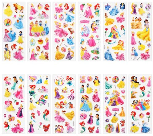3D Puffy Aufkleber für Kinder,12 Blätter Verschiedene Prinzessin Geschwollen Stickers, Niedliche Wiederverwendbare Sticker für Scrapbooking,Jungen Mädchen Kleinkinder
