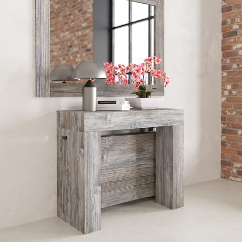 VE.CA.s.r.l. - Table Console Extensible Kilka - avec Porte-Rallonges - Dimensions Console Fermée : 90x40x77 - Capacité : Jusqu'à 14 Personnes - Extensible jusqu'à 300 cm - Couleur : Pin Gris Jackson