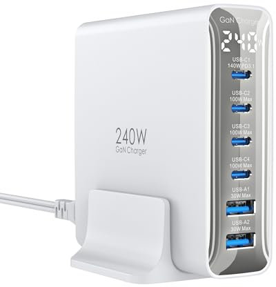 240W USB C Charger 6-Port, PD3.1 GaN Charger with LED Display Desktop Fast Charging Station for MacBook Pro/Air - iPhone Pro - iPad Pro, for Dell XPS - Galaxy - Pixel - Laptops and More, White