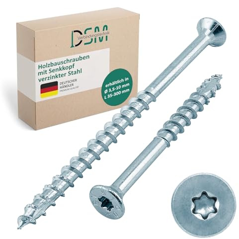DSM – Holzbauschrauben 4 x 60 mm – Senkkopf mit Torx TX20 – 50 Stück | galv. verzinkt – ETA-Zulassung [TrueSpec] Sägezahnschliff – mit Reibschaft, Fräsrippen & Cut-Spitze, Spanplattenschrauben