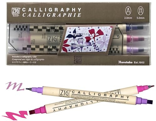 Kuretake ZIG CALIGRAPHY MARKER Pens 3 colours set (Violet Pink), 2mm 5mm Dual tip, for Art, illustration, Journaling, Made in Japan