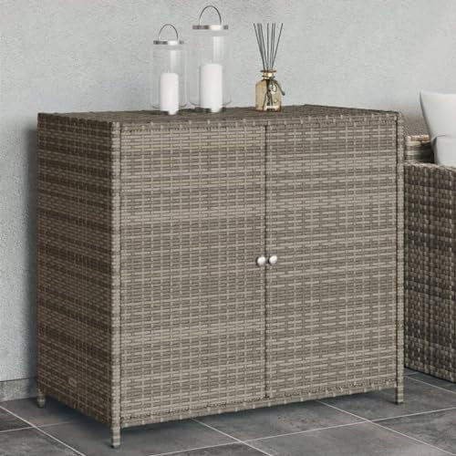 Myheimly Gartenschrank, Geräteschrank mit viel Stauraum, Beistellschrank Schrank mit Türen, Balkonschrank Terrassenschrank, Poly Rattan Gartenschrank Grau,83x45x76 cm