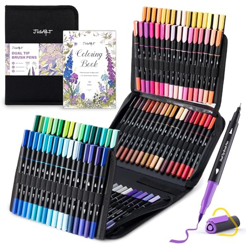 JusArt 100 Farben Marker & Filzstifte für Malbücher für Erwachsene | Kein Ausbluten, Doppelspitze, Dreieckgriff, feine ＆ Pinselspitzen, wasserbasiert, 33 % mehr Tinte, inklusive 200-g/m²-Malbuch