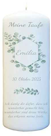 Taufkerze Eukalyptus in grün personalisiert mit Namen, Datum und Taufspruch - Taufkerze für Mädchen und Jungen (20cm x 7cm)