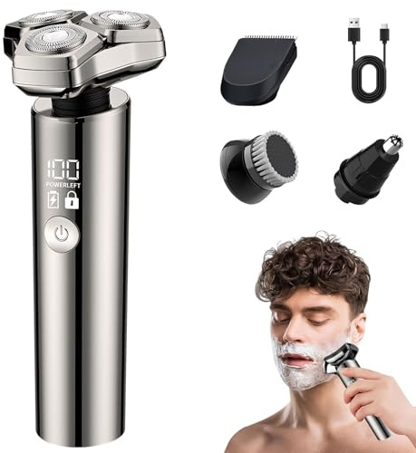 Rasierer Herren Elektrisch, Nass- und Trockenrasur, USB Elektrorasierer Mit LED-Anzeige, IPX7 Wasserdicht Elektrischer Rasierer für Männer, Rasierapparat mit Reiseschloss, Shaver Geschenk (Silber)