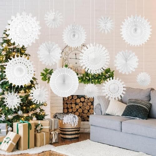 Vookkp Schneeflocken Deko 16 Stücke Weihnachts Schneeflocken Dekoration Winter Weihnachtsschmuck Weihnachtsdeko Papier 3D Christbaumschmuck Weiß Schneeflockenzum Aufhängen