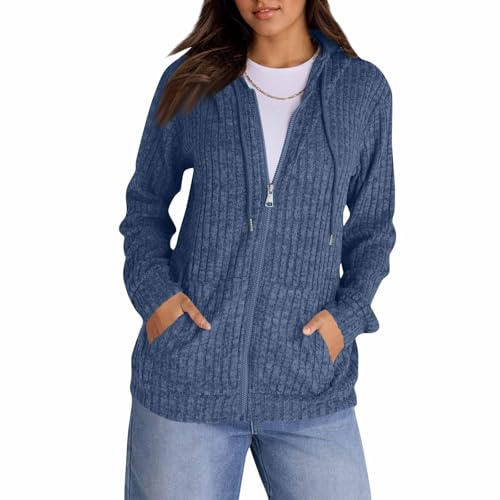 TOFOTL Elegante Maglia Lupetto Donna Giacca Pile Maglioncino Firmato Lunghi Hoodie Coperta Felpa Invernale Pelosa Cardigan con Zip Camicie a Maniche Lunghe da Donna 10-Blu Marino XXL
