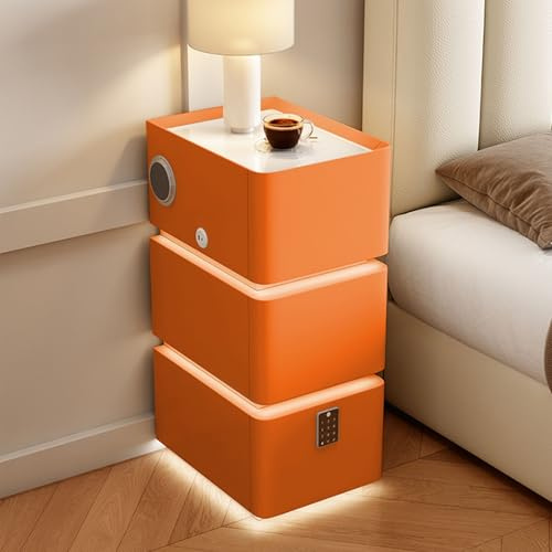 GUQASDV Schmaler LED Smart Nachttisch mit kabelloser Aufladung, Beistelltisch mit Passwortsperre und Lautsprecher, Smart-Nachttisch mit USB-Anschluss(Orange,30cm/11.8in)