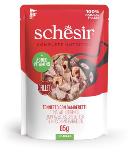 Schesir, Thunfisch mit Garnelen in Gelee, komplettes Nassfutter für Katzen, in Dosen, 100% natürliche Inhaltsstoffe, tierversuchsfrei, 12 x 85 g