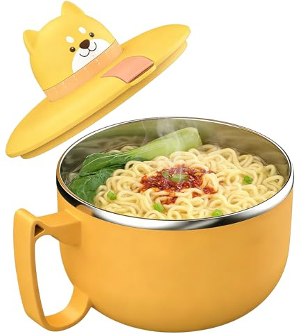 BAIFULAI Bol à ramen instantané avec couvercle : 1200 ml Bol à nouilles instantanées avec minuterie et trou d'aération, bol à pâtes portable en acier inoxydable pour pâtes, fruits, salade de pâtes et
