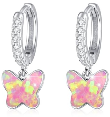 REDSUN Boucles d'oreilles créoles en argent sterling S925 en forme de papillon pour fille et enfant Bleu/rose/violet Cristal/Opale avec zircones papillon Bijoux pour femmes enfants Noël, 13 mm, Argent