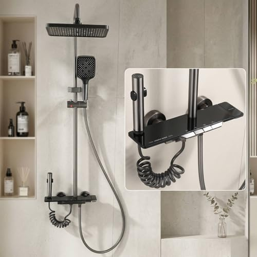 Julymoda Duschsystem mit Regendusche, 4 Funktionen Duschset mit Klaviertasten Design, Duschsäule inkl. ABS Kopf- & Handbrause, 67-107cm Höhenverstellbar, Duscharmatur Komplettset für Badezimmer