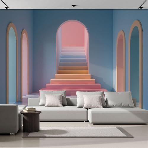 Fototapete 3D Treppenhaustür Räumliche Illusion 300x210cm Seide Tapeten XXL Moderne Wandtapete Wohnzimmer Schlafzimmer hellblau