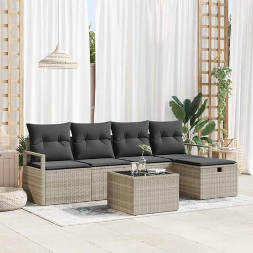 XinZaphrisal Outdoor Garten Eckcouch Sofa Set mit Kissen und Speicher 6 pcs Hellgrau Poly-Rattan für Terrassen