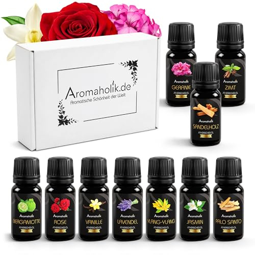 Liebes-Geschenkset ätherische Öle 10er – Valentinstag & Romantik – Rosenöl, Sandelholzöl, Bergamotteöl, Vanilleöl, Jasminöl, Zimtöl, Lavendelöl, Ylang-Ylang-Öl u. a. – 100% naturrein – 10 × 10 ml