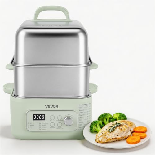 VEVOR Vaporera Eléctrica con Cesta de Acero Inoxidable de 2 Niveles 13 L | Con Bandejas de Vapor y Bandeja Recolectora de Agua, 9 Programas Preestablecidos, Mantener Caliente, Para Verduras, Mariscos