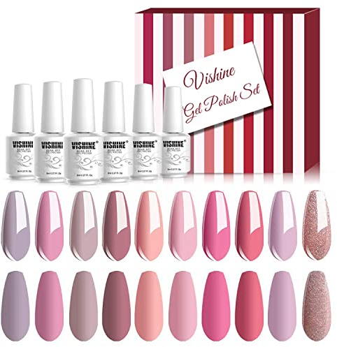Vishine UV Gel Nagellack Set 12 Farben, Rosa Gel Nagellack, Lange Andauernd Soak Off nagellack mit Base Coat, Top Coat ür Nail Art Salon zu Hause, und für Anfänger