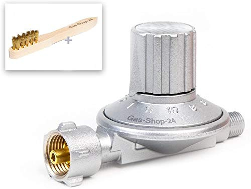 Druckminderer 50-200 mbar (stufenlos regelbar) + Messing Reinigungsbürste (für geeignete Gasgeräte/Gaskocher, Gasherd, Hockerkocher, Campingkocher Heizung Heizofen Gas Regler