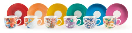 Excelsa Kimono Set 6 Tazzine da caffè con Piattino, Porcellana, Multicolore