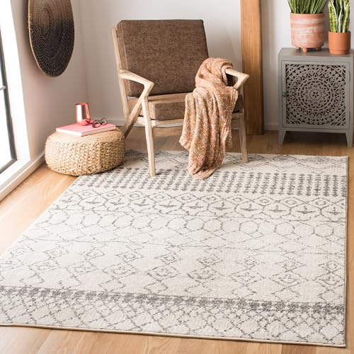 SAFAVIEH Boho Teppich für Wohnzimmer, Esszimmer, Schlafzimmer - Tulum Collection, Kurzer Flor, Elfenbein und Grau, 160 X 229 cm