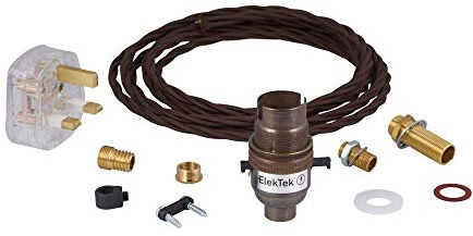 ElekTek Premium UK B22 Lamp Refurbishment Fixing Kit, Antique Brass Safety Switched Bayonet Lampholder, Extensive Fittings Pack, 13A Plug (3A Fuse), Brown Twisted Braided Fabric 3-Core Lighting Cable