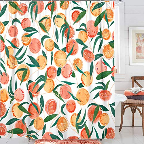 Fowocu Duschvorhang mit orangefarbenem Pfirsich-Motiv, Aquarell, pfirsichfarbene Früchte, Duschvorhänge für Badezimmer, dekorativ, hübsch, niedlich, wasserdichter Stoff, Badvorhang, Dekor (gelb, 183,9