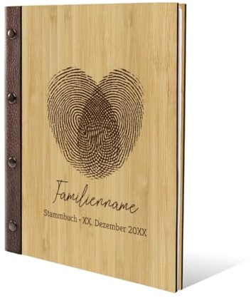 Stammbuch Gravur individuell Bambus Cover mit Echtleder Rücken und Extras Stammbuchformat hoch 175 x 220 mm - Fingerabdrücke
