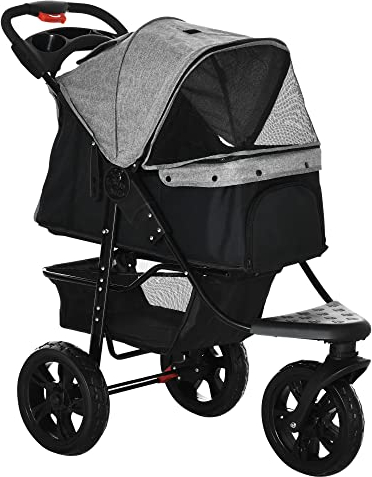 PawHut 2 in 1 Passeggino per Cani Pieghevole a 3 Ruote con Freno, Cestino Portaoggetti e Porta Bottiglia, in Acciaio e Oxford, Grigio e Nero, 109.5x57.5x106.5cm