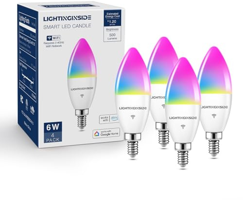 Lightinginside E12 Smart Light Bulbs 60W Equiv., Work with Alexa/Google Home/SmartLife, 500LM 6W RGBCW Candle Candelabra LED Light Bulbs, No Hub Required, 2.4G WiFi Bluetooth Bulb, ETL Listed, 4PCS