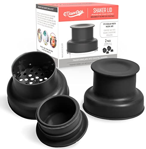 Masontops Couvercles shaker à cocktails - compatibles avec tous les bocaux Mason à ouverture normale - lot de 2 avec bouchons pour jigger de 1 oz.