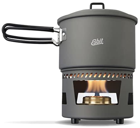 Esbit Set de cuisine à alcool avec casserole de 1500 ml en aluminium anodisé dur - Couvercle + suspension de couvercle - Brûleur à alcool avec régulateur de flamme avec poignée rabattable