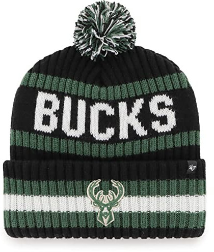 47 NBA Mütze für Erwachsene, Team-Farbe, offizielles Lizenzprodukt, Bering, Sport, Strickmütze mit Bommel, für kaltes Wetter, Milwaukee Bucks Schwarz, Einheitsgr��e
