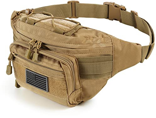SOWHUP Taktische Bauchtasche, Militär-Hüfttasche mit US-Patch, Hüftgurt, Bauchtasche für Outdoor, Angeln, Wandern, Hellbraun (4 Reißverschlusstaschen), S, Taktische Bauchtasche