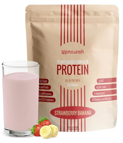 UpNourish Strawberry Banana Vegan Protein Powder 54 Superfoods Powder,1.5 Billion CFU Probiotics 21g Plant Based Protein,No Sugar No Dairy No GMO Dairy Free,Meal Replacement Shake Keto-Friendly Low-Carb Diet,15 Servings