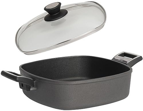 SKK großer 2-tlg. Guss Bräter 26x26 cm - Induktion Bratkasserolle - hohe eckige Antihaft Kasserolle & Glasdeckel mit Edelstahlrand - Made in Germany