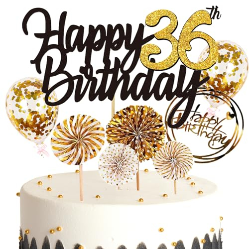 Feelairy Tortendeko Happy Birthday Gold Kuchendeko 36. Geburtstag Frau, Kuchen Topper Happy 36th Birthday, Cake Topper 36. Geburtstag Ballons Konfetti für Geburtstagstorte Deko 36 Jahre Frauen Männer