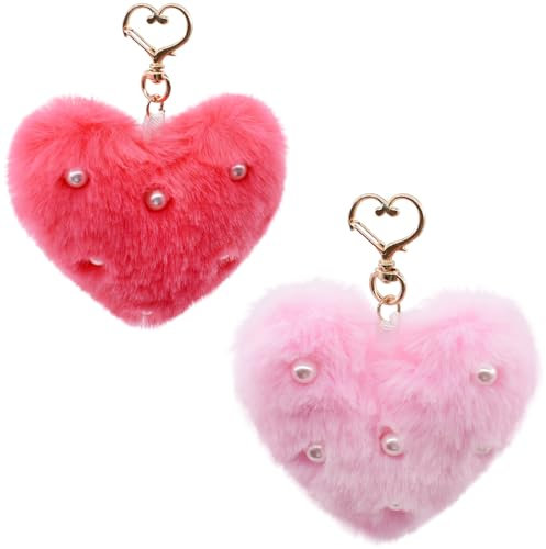Bellisia Porte-clés à pompons pour femme en fausse fourrure moelleuse en peluche douce, cœur rose, 10cm