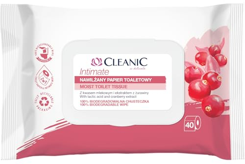 Cleanic Intimate Papier Humidifié Jetable - Combinaison de Papier Humidifié et de Lingette Humide - Rafraîchit Zone Intime - Extrait de Canneberge et Prébiotique - 40 pcs