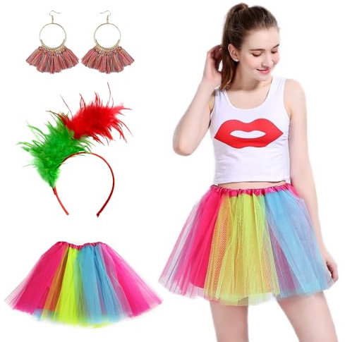 songyea Regenbogen Tüllrock, 3er Regenbogen Tüllrock Damen, Karneval Kostüm Damen, Geflochtene Quasten-Ohrringe und Bunt Feder Stirnband, für Erwachsene für Karneval, Kostümparty, Mottoparty