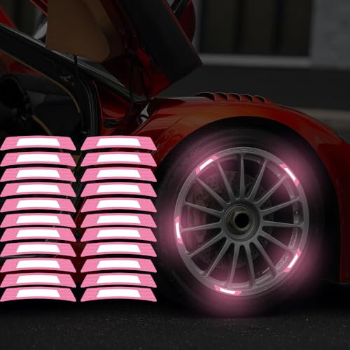 Dreothy 20 Stück stark reflektierende Auto-Radnabenaufkleber für Autos, Helme, Nachtsicherheit, Warnung, reflektierende Streifen, Auto, LKW, Motorrad, Fahrrad, Felge, reflektierende Aufkleber (Rosa)