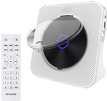 Ashikoi Lettore CD portatile FM Radio Montaggio a parete Retro Audio Music Disc Player Bluetooth Video Player per telefono Tablet-Bianco
