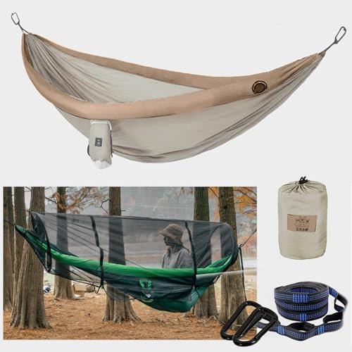Hamaca de camping con mosquitera, hamaca doble portátil con reposabrazos inflable antivuelco, hamacas colgantes para 2 personas, correas de árbol, máximo 500 libras, marrón
