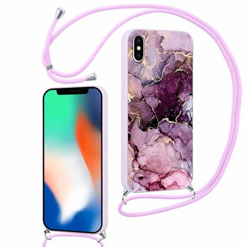 ZhuoFan Handykette für iPhone XR Hülle mit Band, Aesthetic Lila Marmor Muster Verstellbarer Halskette Handyhülle mit Kordel zum umhängen Silikon Stoßfest Schutzhülle mit Kette, 17