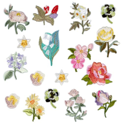 17 Stück Blumen Patches zum Aufbügeln, Blume Aufnäher Kinder, Flicken zum Aufbügeln, Aufnäher zum Aufbügeln, Bügelbilder für Textilien - Kleidung, Jeans, Taschen, Dekoration -14 Muster