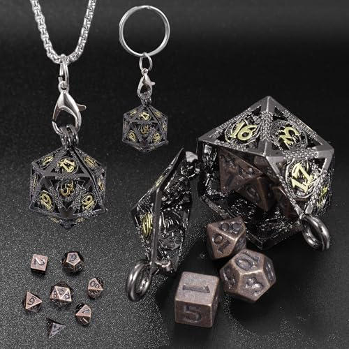 ORUZA 7 Stück Mini Metall DND Würfel Set mit Schwarzem Hohlen Halskette Fall Polyedrische Metall Würfel Set Anhänger D&D Schlüsselanhänger Würfel für Dungeons and Dragons RPG Karten Tischspiele Würfel