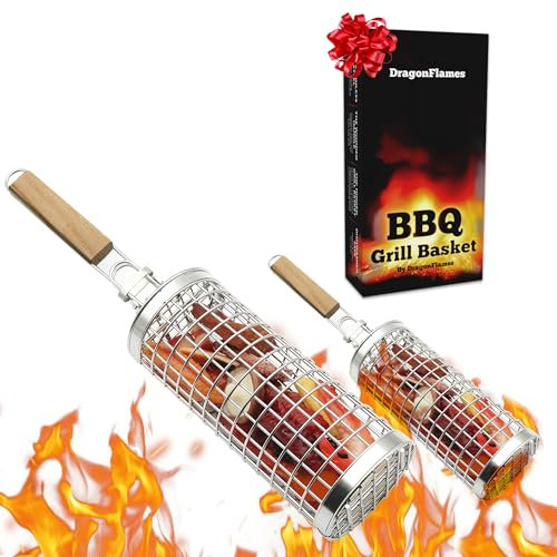Grill Well 2.0 - Rolling Grill Basket (2 PCs) ideal as Birthday Gift for Dad who has Everything, BBQ Vegetables Grill Baskets, Outdoor Cooking Gadgets, Mens Gifts Ideas, BBQ Smoker Accessories & More