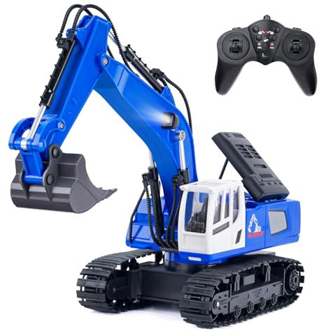 NEXBOX Excavatrice télécommandée Cadeau pour Enfants - Jouet RC avec Pelle en métal, Simulation de fumée, lumière et Effets sonores