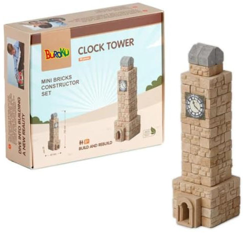 Buroku Mittelalterliches Bau-Set, 80 Teile, realistischer Uhrturm, Steinsteine, fördert das Stem-Lernen und die motorischen Fähigkeiten, für Kinder und Erwachsene, inklusive Kleber